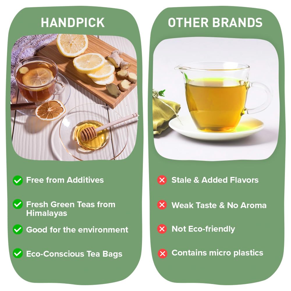 HANDPICK Honey Lemon Green Tea Bags (100 Count) All Natural Flavor | Sweet Honey & Tangy Lemon | Round & Eco-Friendly Tea Bags | Packed In Resealable Bag | Brew As Hot Or Iced Tea, 230 Gram
