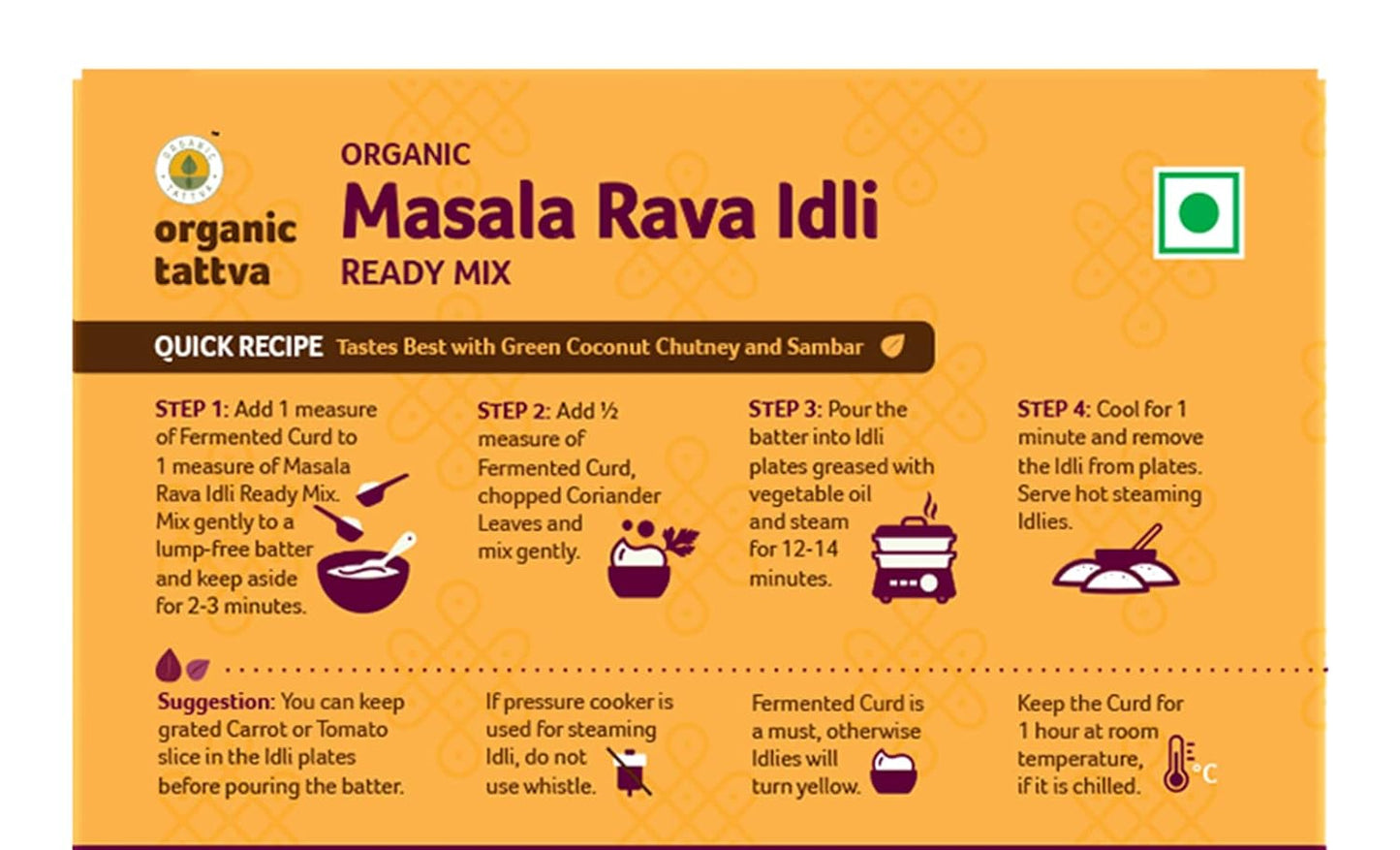 Organic Tattva Organic Masala Rava Idli/Idly Instant Ready Mix 800 Gram | Source of Protein, NO Cholesterol, NO Trans-Fat | Ready in 4 Easy Steps | 200 Gram Each
