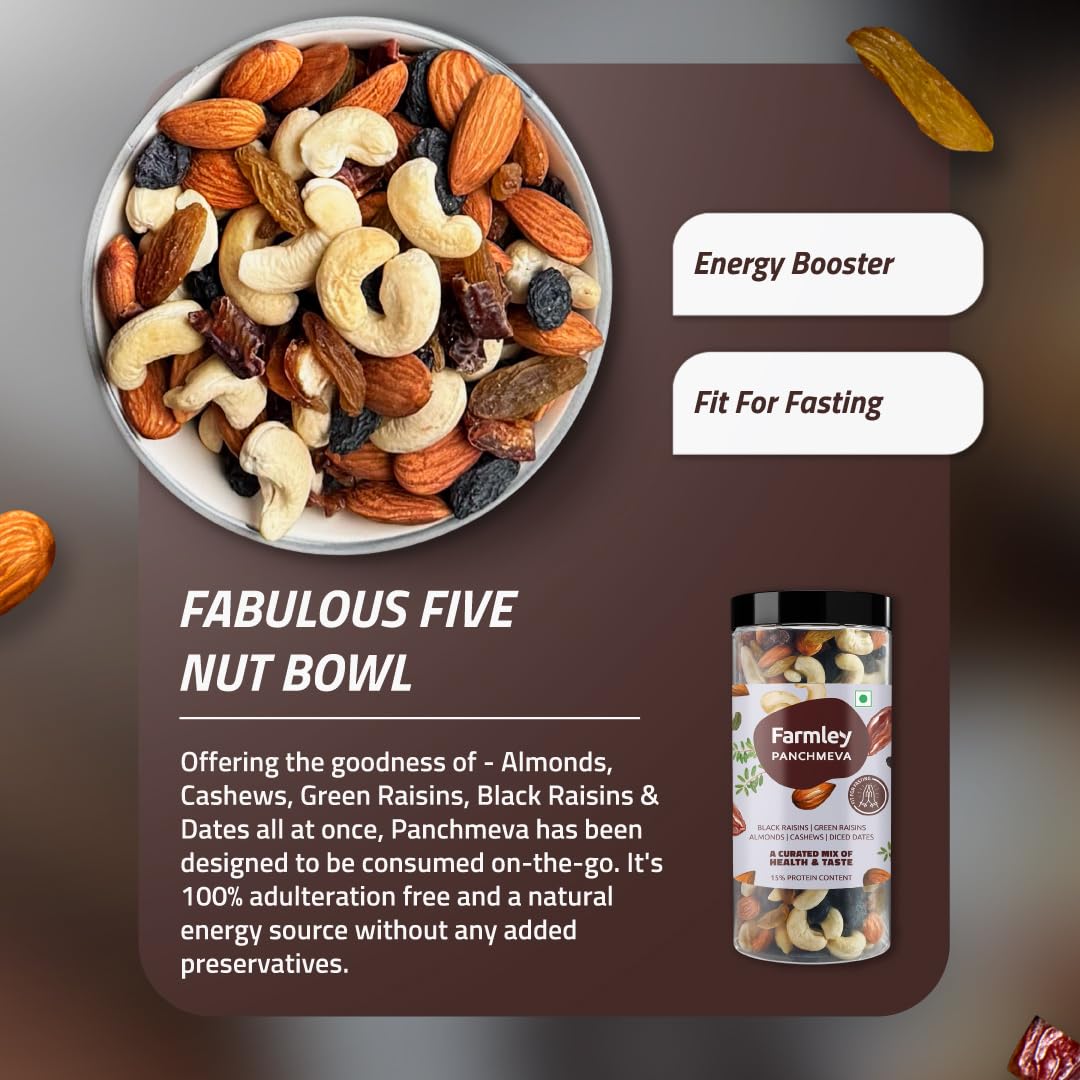 Farmley Panchmeva Healthy Dry Fruits Mix 405 g, Fit for Fasting I Healthy Snacks Mixed Nuts with Dry Fruits | Almonds | Cashews | Dates | Black raisin | Green raisin, Reusable Jar