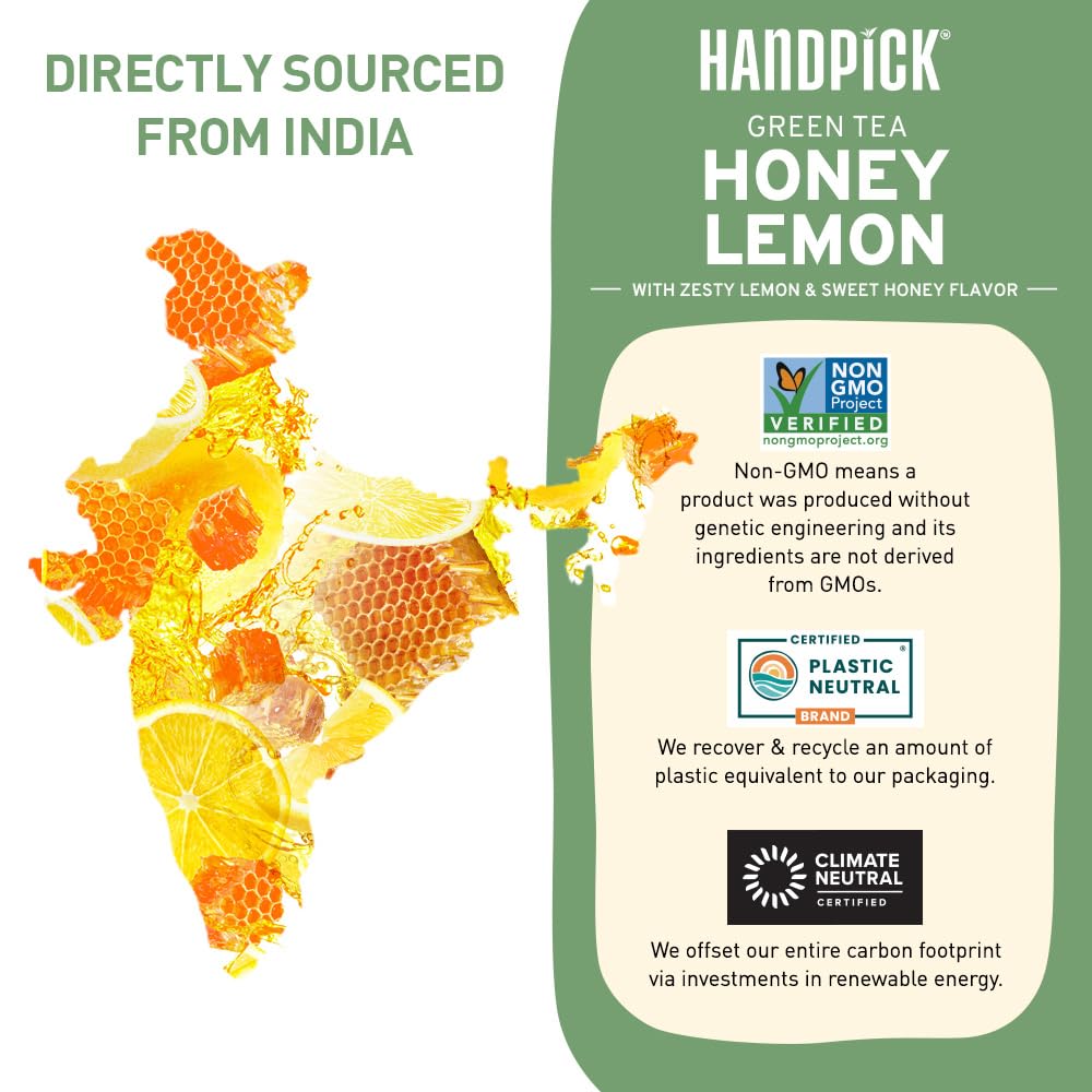 HANDPICK Honey Lemon Green Tea Bags (100 Count) All Natural Flavor | Sweet Honey & Tangy Lemon | Round & Eco-Friendly Tea Bags | Packed In Resealable Bag | Brew As Hot Or Iced Tea, 230 Gram