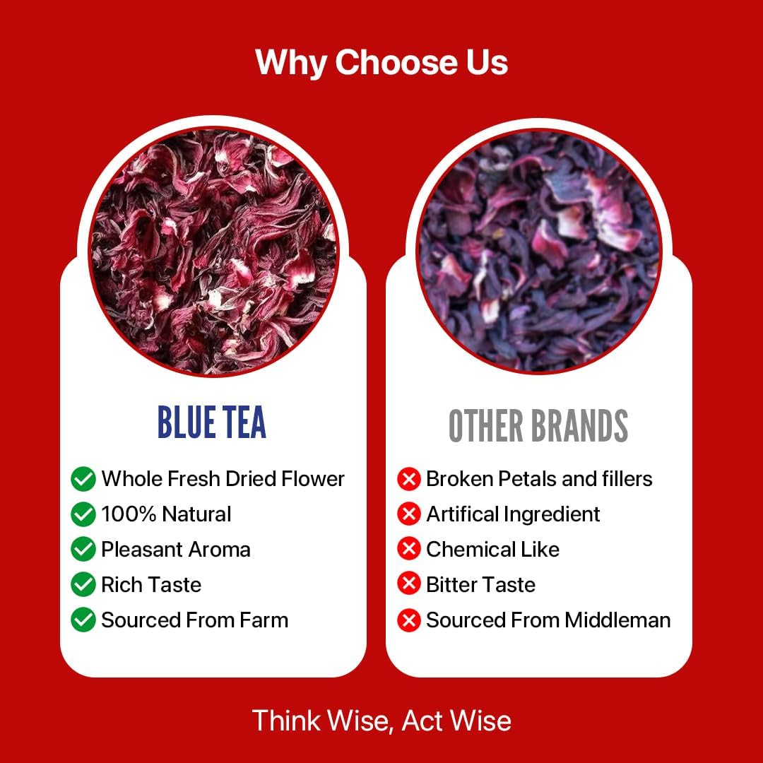 BLUE TEA - Hibiscus Tea - 50 gm (50 Cups) | SKIN GLOW ENHANCING TEA | Flower Based - Herbal Tea - Caffeine Free - Tangy Flavor - Non-GMO | Featured in Shark Tank | Pet Jar