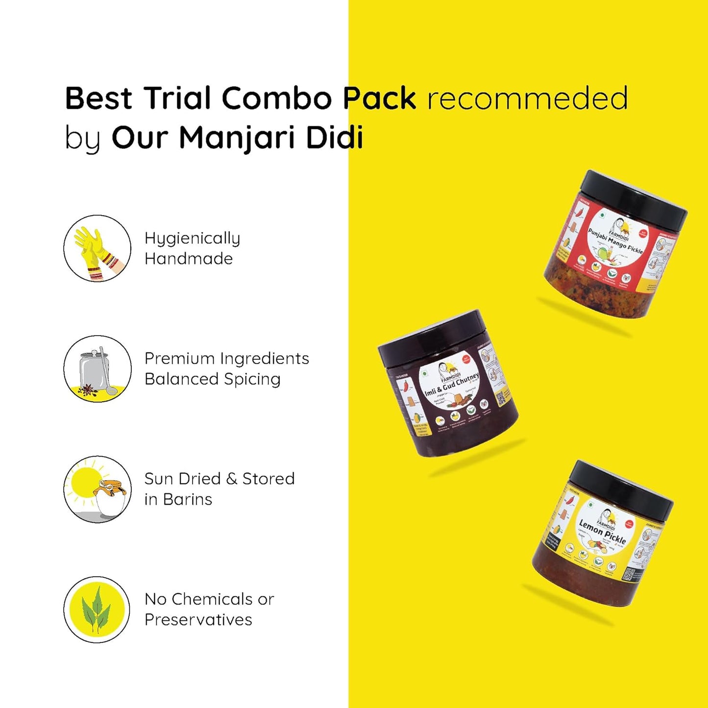 Farm Didi |Manjari Didi Best Trial Combo Pack Of 3X325G|Punjabi Mango Pickle + Lemon Pickle + Imli Chutney|Homemade|Natural|Preservative Free|Less Oil|Achar Combo
