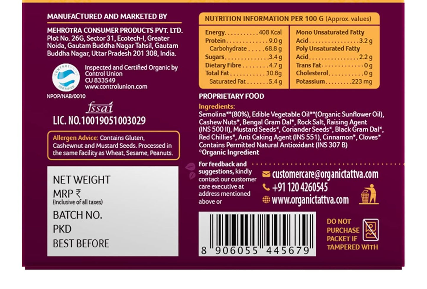 Organic Tattva Organic Masala Rava Idli/Idly Instant Ready Mix 800 Gram | Source of Protein, NO Cholesterol, NO Trans-Fat | Ready in 4 Easy Steps | 200 Gram Each