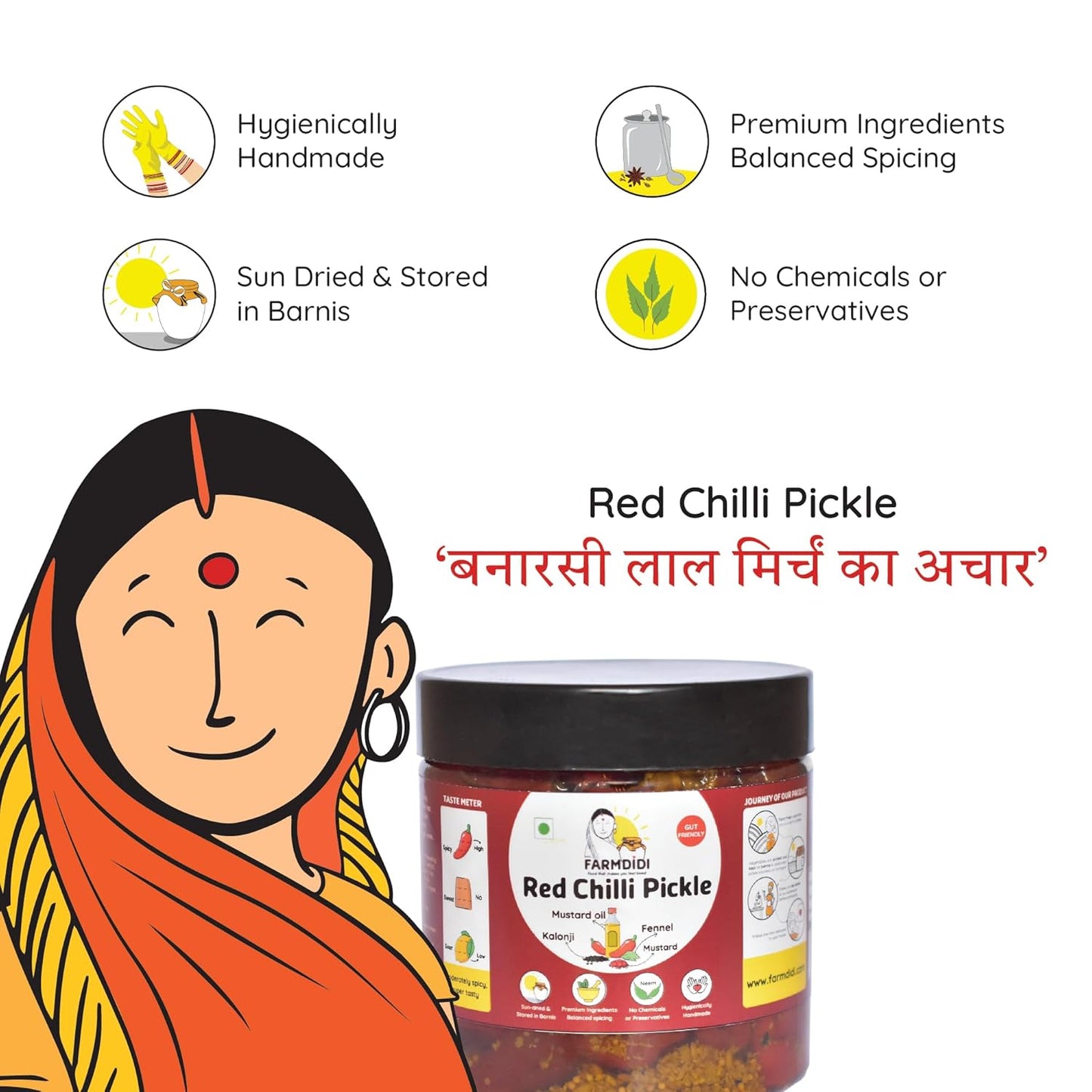 Farm Didi Stuffed Red Chilli Pickle In Fresh Mustard Oil | Lal Mirch Ka Achar 325G | Bharwa Mirchi Ka Achar | Banarasi Red Chilli Pickle | No Garlic Stuffed Red Chilli Pickles | Traditional Recipe