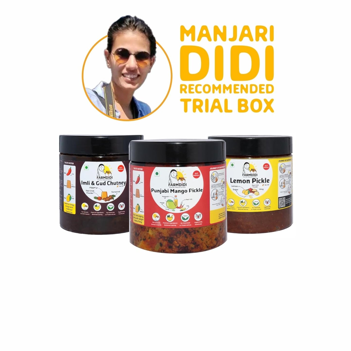 Farm Didi |Manjari Didi Best Trial Combo Pack Of 3X325G|Punjabi Mango Pickle + Lemon Pickle + Imli Chutney|Homemade|Natural|Preservative Free|Less Oil|Achar Combo