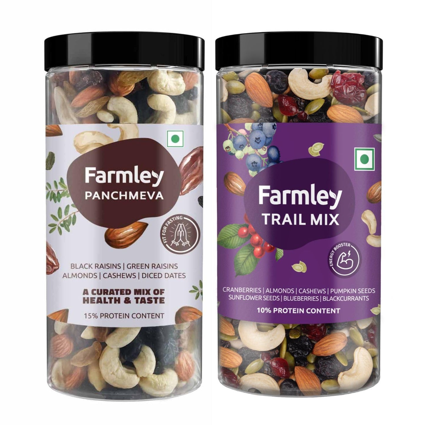 Farmley Panchmeva Healthy Dry Fruits Mix 405 g, Fit for Fasting I Healthy Snacks Mixed Nuts with Dry Fruits | Almonds | Cashews | Dates | Black raisin | Green raisin, Reusable Jar