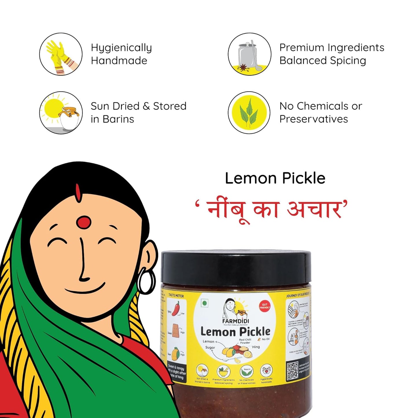 Farm Didi Khatta Meetha Crushed Lemon Pickle 325G|Homemade Nimbu Achar With No Onion Or Garlic|Traditional Indian Home Made Oil Free Nimbu Ka Aachar With Grandma's Taste|Lemon Chunda Sweet Pickle