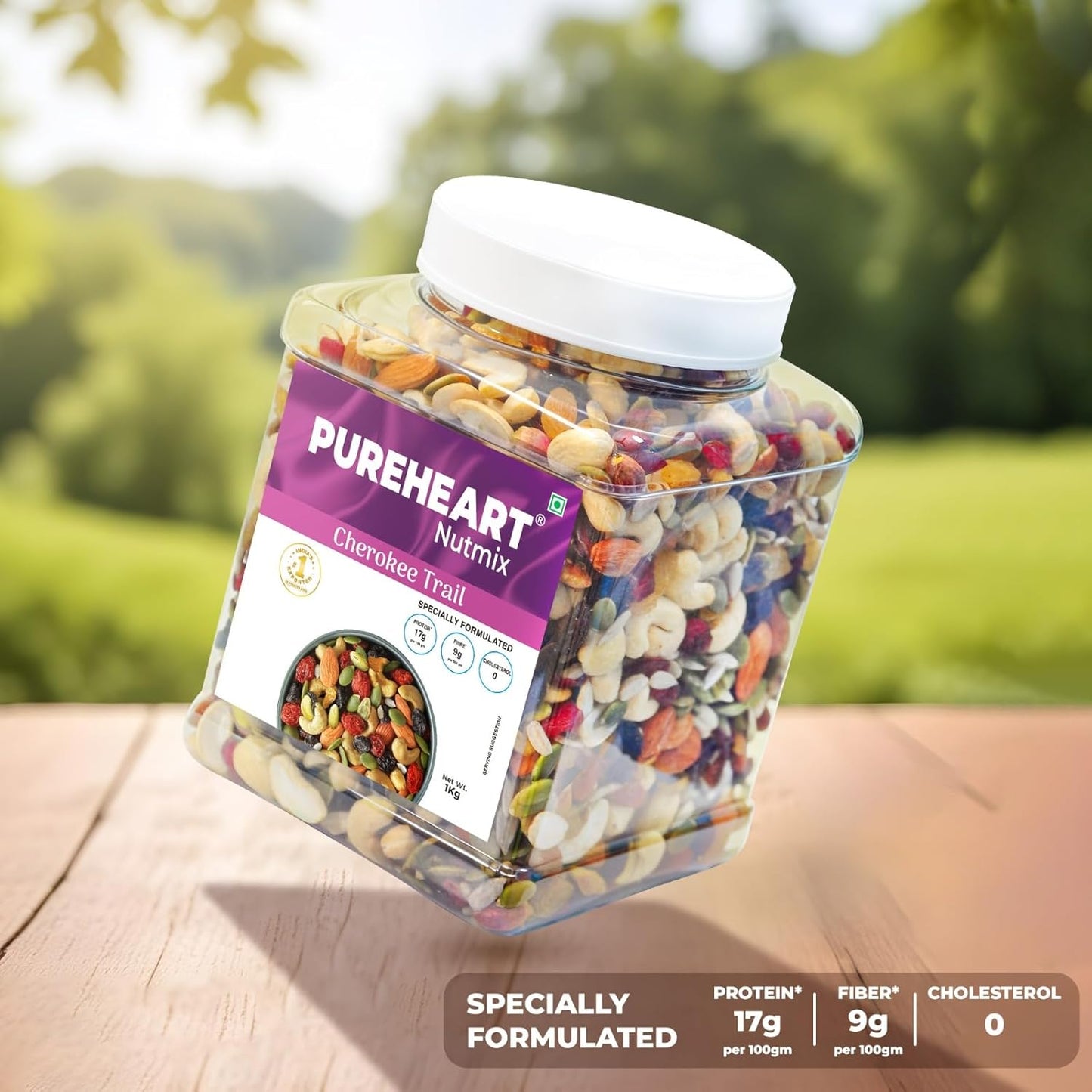 Pureheart Cherokee Premium Trail Mix | An Eclectic Mix of 8 Healthy Superfoods Nuts- Cashews, Almonds, Pistachio | Dry Fruits - Cranberries, Raisins | Seeds - Pumpkin, Sunflower | Reusable Jar (1000g)