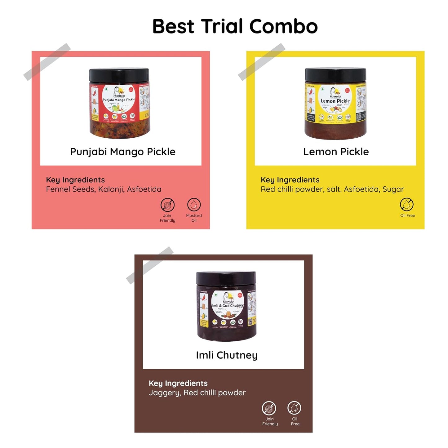 Farm Didi |Manjari Didi Best Trial Combo Pack Of 3X325G|Punjabi Mango Pickle + Lemon Pickle + Imli Chutney|Homemade|Natural|Preservative Free|Less Oil|Achar Combo
