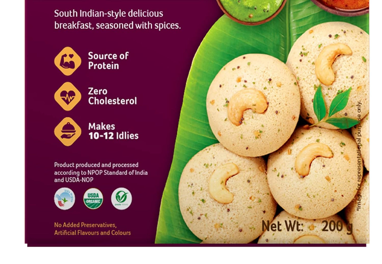 Organic Tattva Organic Masala Rava Idli/Idly Instant Ready Mix 800 Gram | Source of Protein, NO Cholesterol, NO Trans-Fat | Ready in 4 Easy Steps | 200 Gram Each