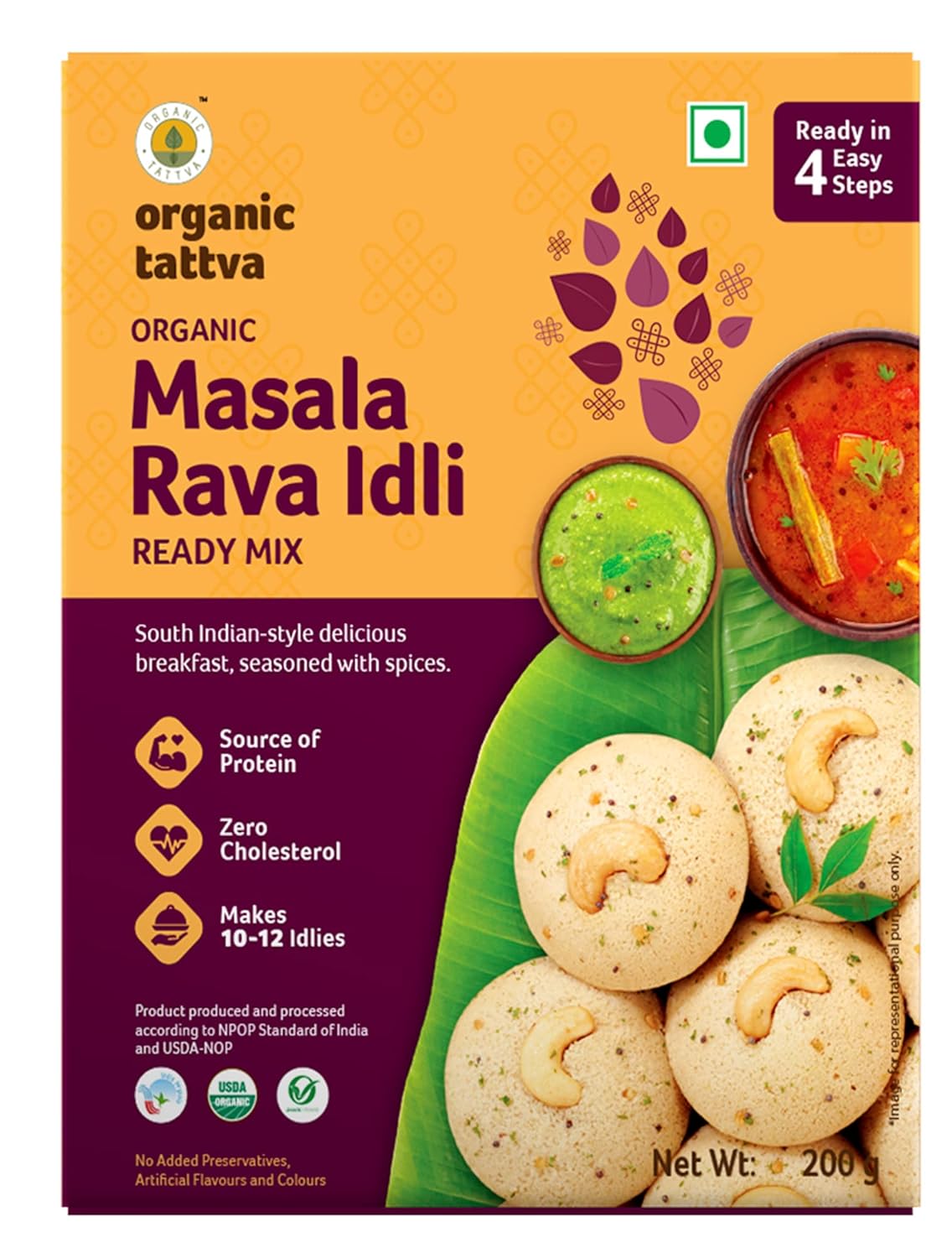Organic Tattva Organic Masala Rava Idli/Idly Instant Ready Mix 800 Gram | Source of Protein, NO Cholesterol, NO Trans-Fat | Ready in 4 Easy Steps | 200 Gram Each