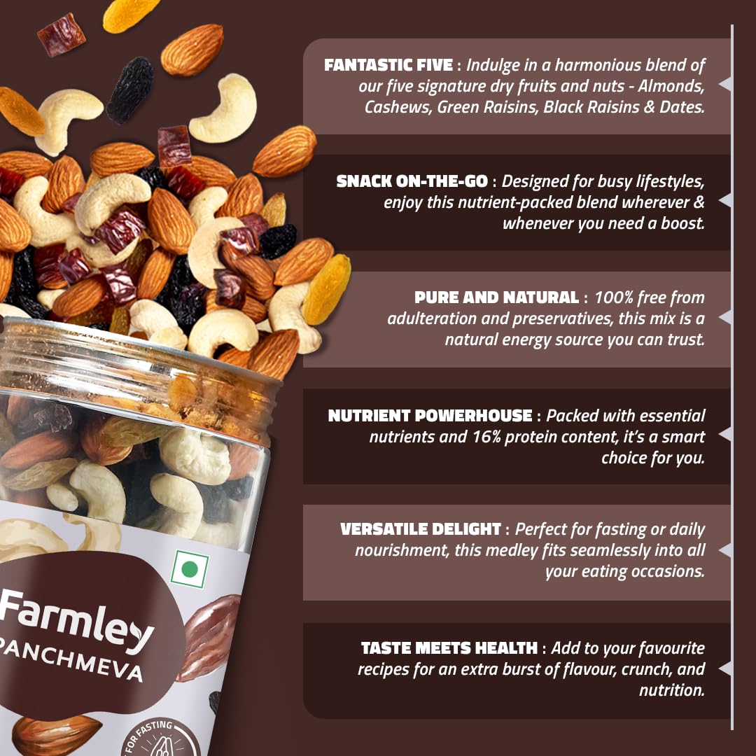 Farmley Panchmeva Healthy Dry Fruits Mix 405 g, Fit for Fasting I Healthy Snacks Mixed Nuts with Dry Fruits | Almonds | Cashews | Dates | Black raisin | Green raisin, Reusable Jar