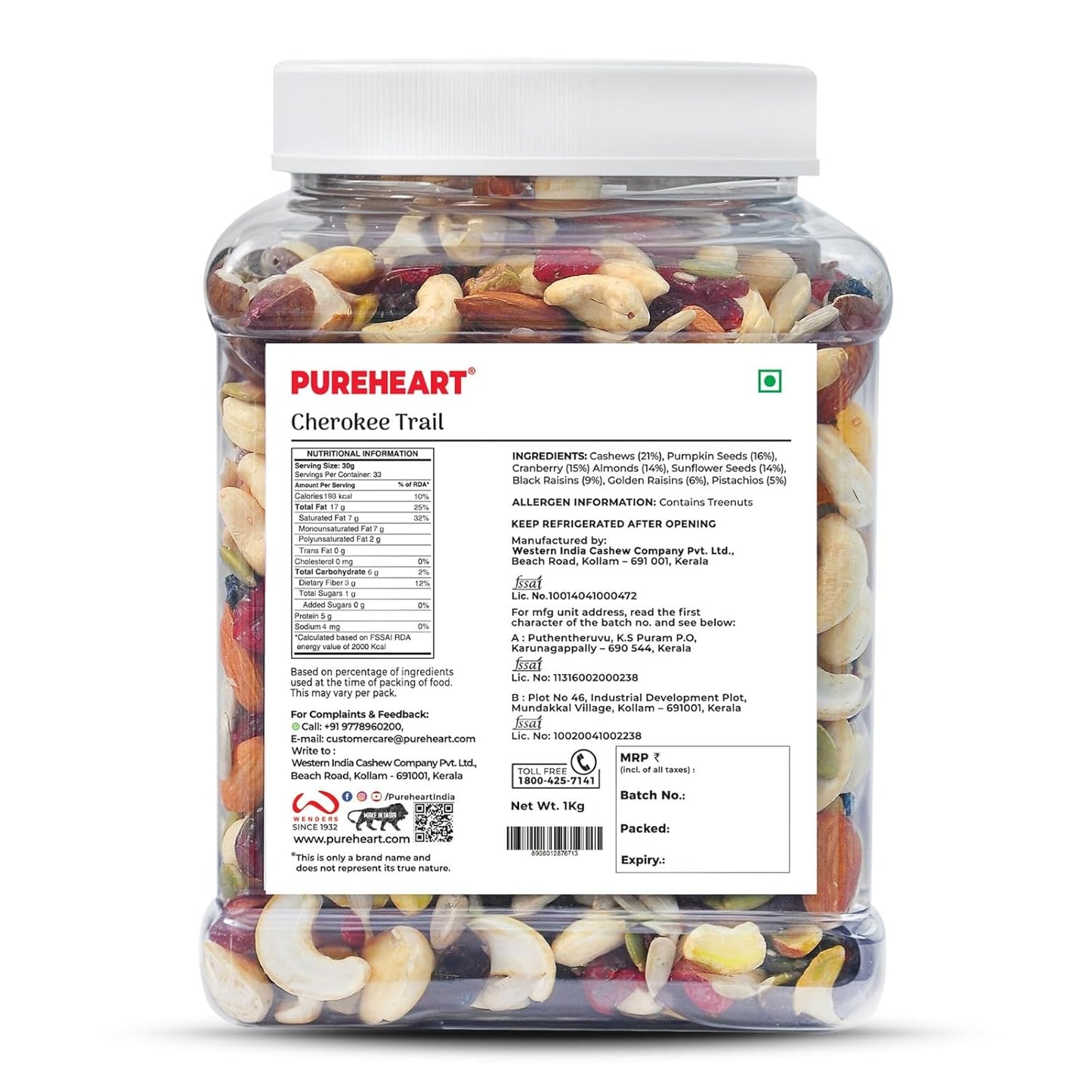 Pureheart Cherokee Premium Trail Mix | An Eclectic Mix of 8 Healthy Superfoods Nuts- Cashews, Almonds, Pistachio | Dry Fruits - Cranberries, Raisins | Seeds - Pumpkin, Sunflower | Reusable Jar (1000g)