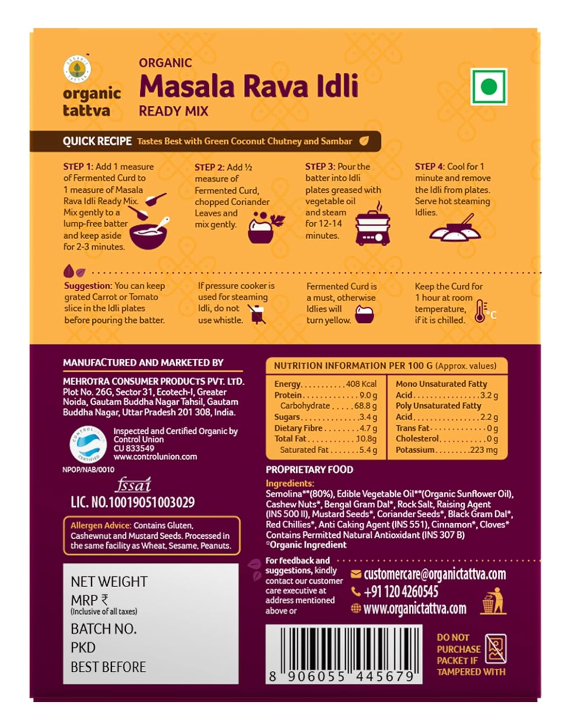 Organic Tattva Organic Masala Rava Idli/Idly Instant Ready Mix 800 Gram | Source of Protein, NO Cholesterol, NO Trans-Fat | Ready in 4 Easy Steps | 200 Gram Each
