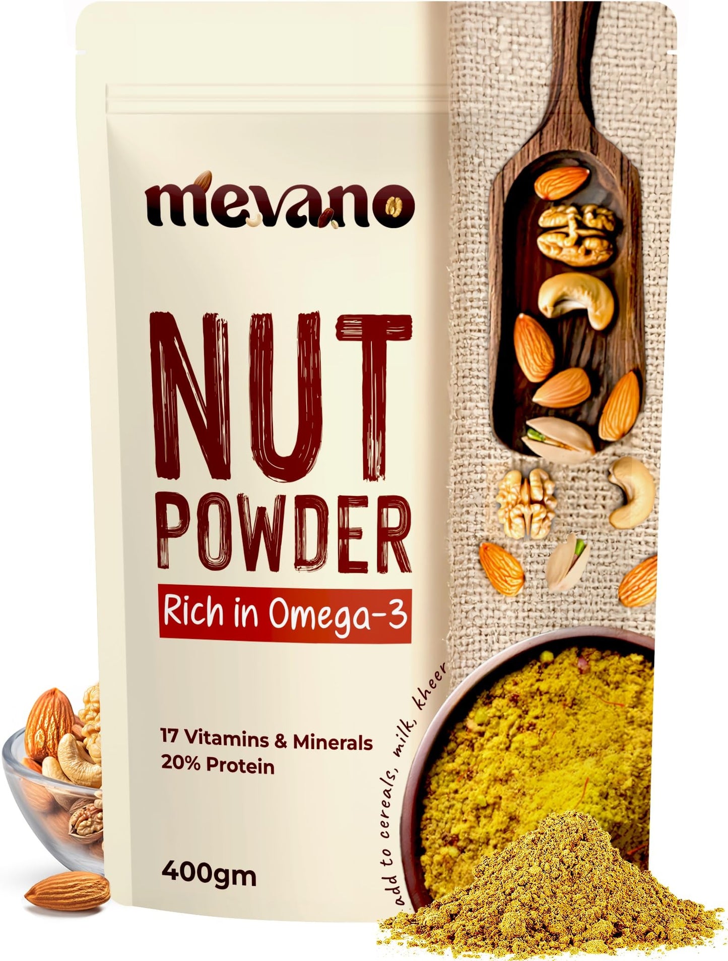 Mevano Nuts Powder for Kids, Rich in Omega-3, 100g | NO Added Sugar | Badam powder with Walnut, Cashew, Pista - Dry Fruits powder for Baby | 20% Protein, 17 Vitamins & Minerals