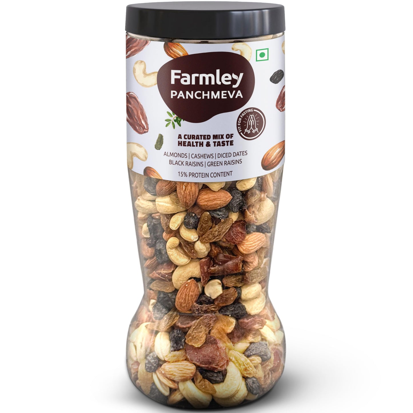 Farmley Panchmeva Healthy Dry Fruits Mix 405 g, Fit for Fasting I Healthy Snacks Mixed Nuts with Dry Fruits | Almonds | Cashews | Dates | Black raisin | Green raisin, Reusable Jar