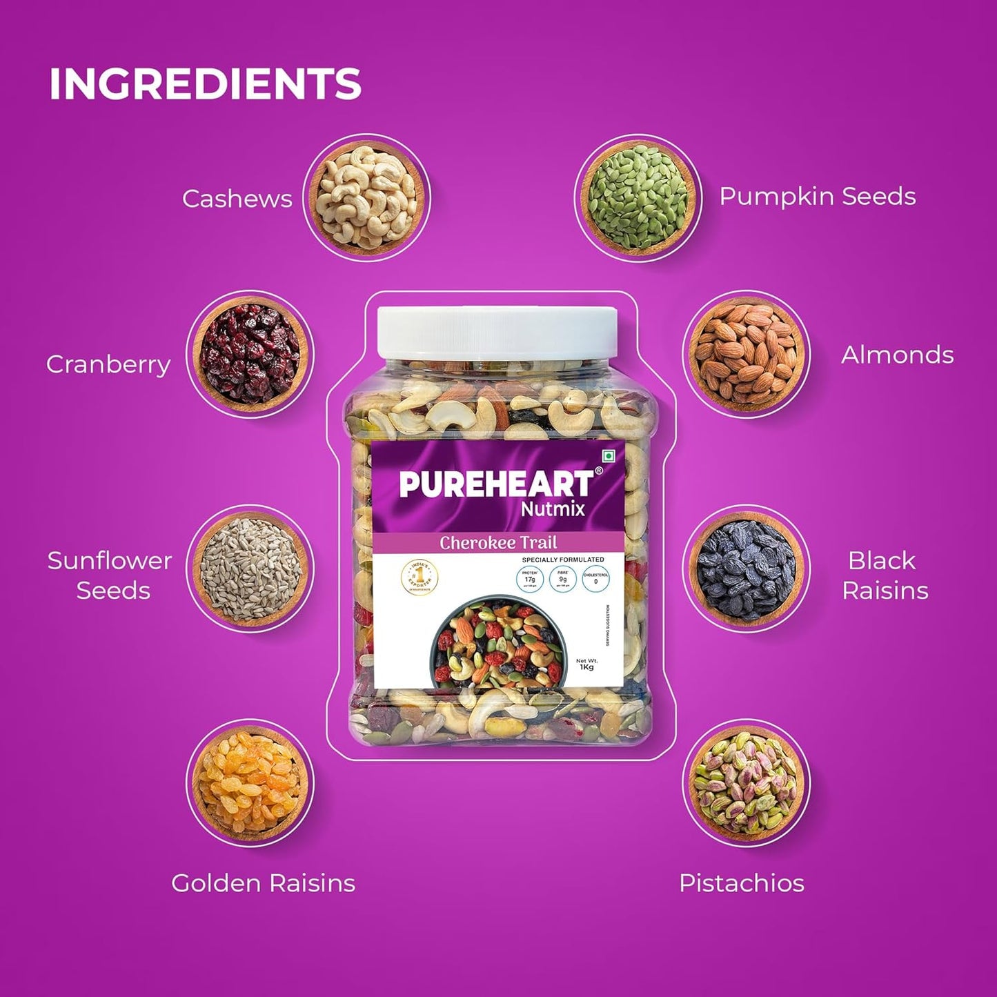 Pureheart Cherokee Premium Trail Mix | An Eclectic Mix of 8 Healthy Superfoods Nuts- Cashews, Almonds, Pistachio | Dry Fruits - Cranberries, Raisins | Seeds - Pumpkin, Sunflower | Reusable Jar (1000g)