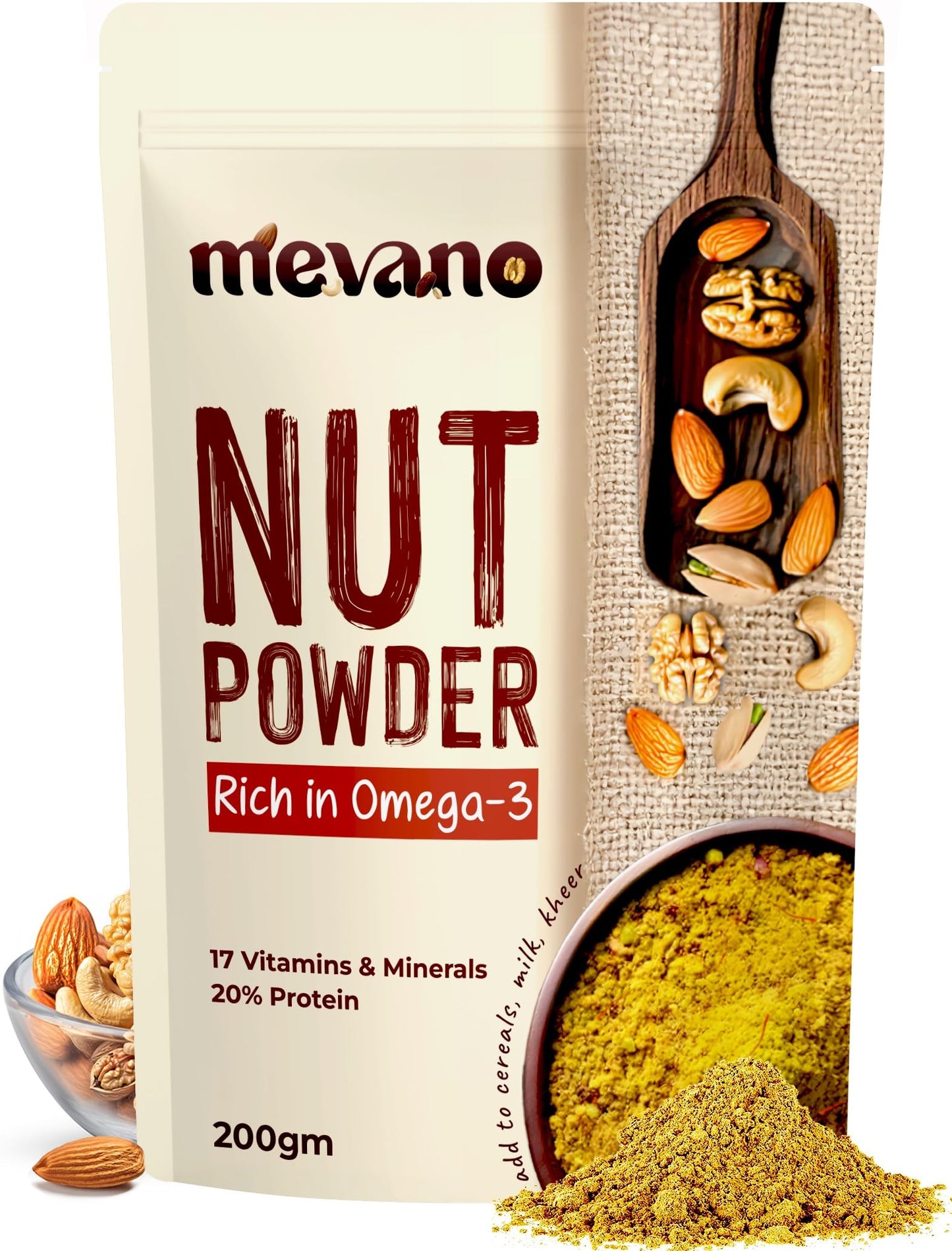 Mevano Nuts Powder for Kids, Rich in Omega-3, 100g | NO Added Sugar | Badam powder with Walnut, Cashew, Pista - Dry Fruits powder for Baby | 20% Protein, 17 Vitamins & Minerals