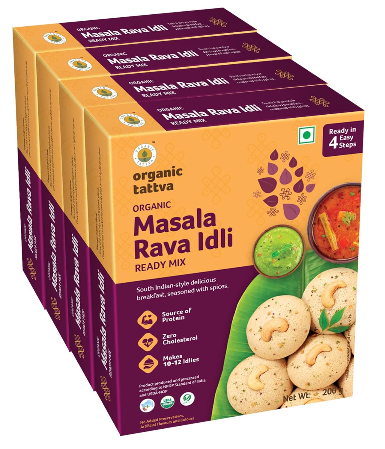 Organic Tattva Organic Masala Rava Idli/Idly Instant Ready Mix 800 Gram | Source of Protein, NO Cholesterol, NO Trans-Fat | Ready in 4 Easy Steps | 200 Gram Each
