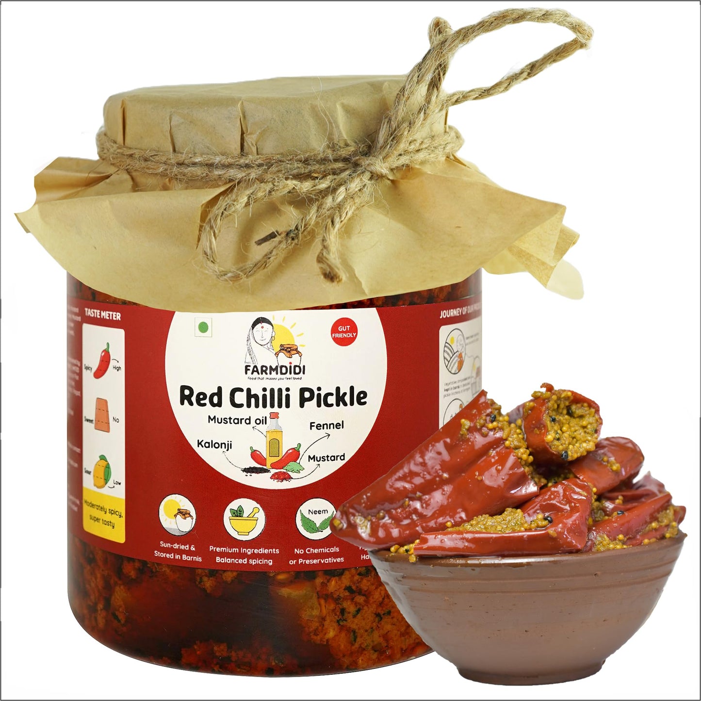 Farm Didi Stuffed Red Chilli Pickle In Fresh Mustard Oil | Lal Mirch Ka Achar 325G | Bharwa Mirchi Ka Achar | Banarasi Red Chilli Pickle | No Garlic Stuffed Red Chilli Pickles | Traditional Recipe