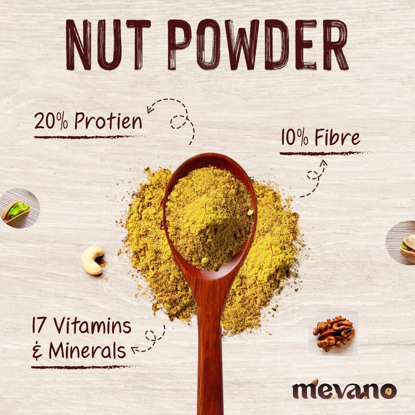 Mevano Nuts Powder for Kids, Rich in Omega-3, 100g | NO Added Sugar | Badam powder with Walnut, Cashew, Pista - Dry Fruits powder for Baby | 20% Protein, 17 Vitamins & Minerals