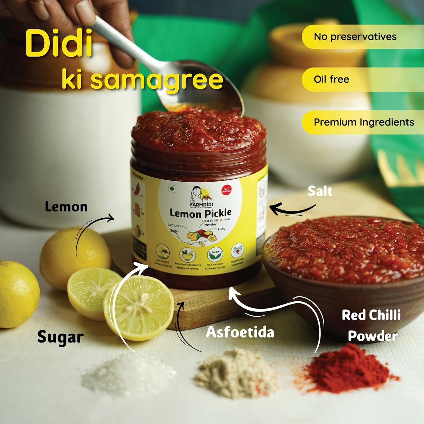Farm Didi Khatta Meetha Crushed Lemon Pickle 325G|Homemade Nimbu Achar With No Onion Or Garlic|Traditional Indian Home Made Oil Free Nimbu Ka Aachar With Grandma's Taste|Lemon Chunda Sweet Pickle