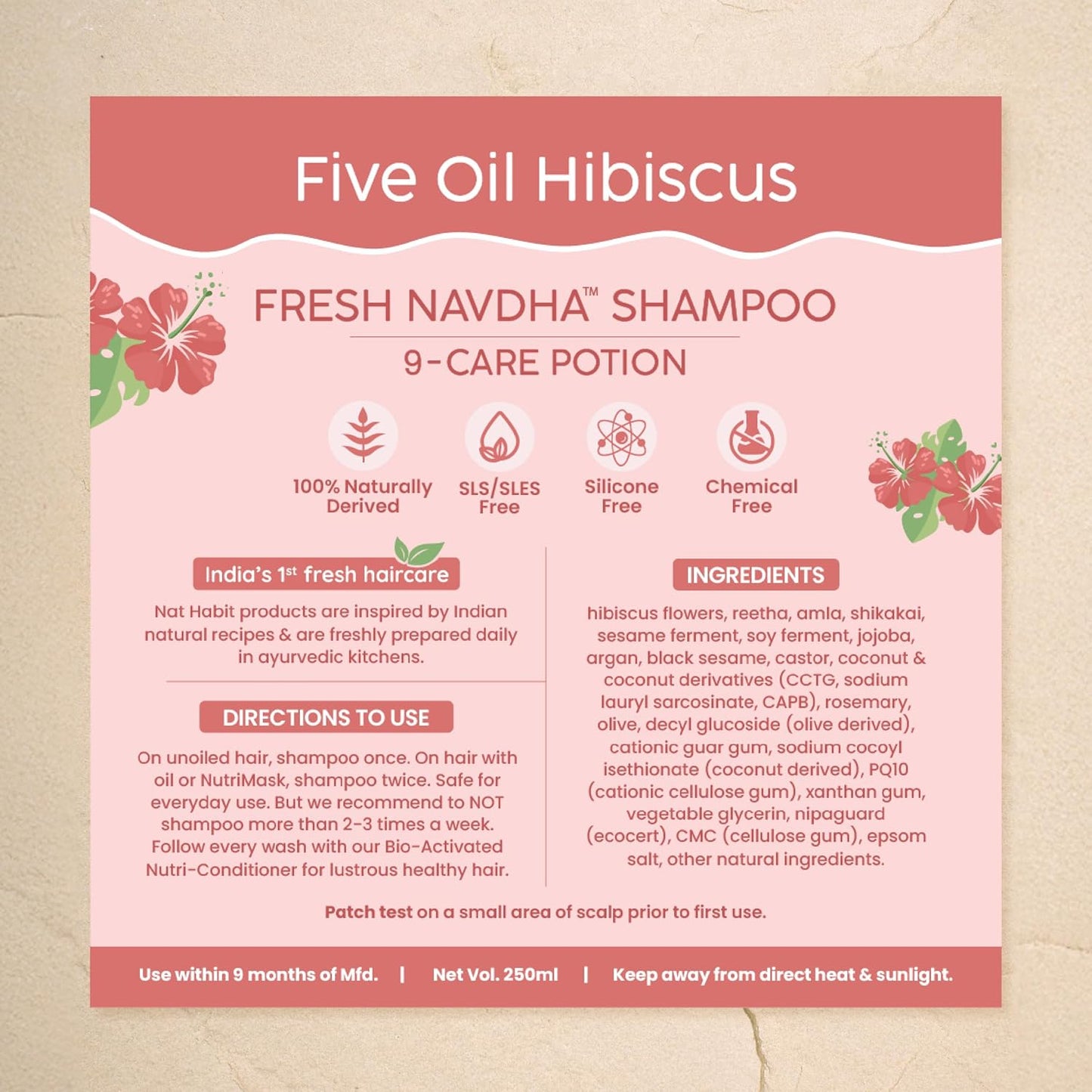 Nat Habit Sulfate-Free Natural Five Oils Hibiscus Hair Growth Shampoo, Navdha Shampoo for Women and Men (Pack of 1 X 250ml)
