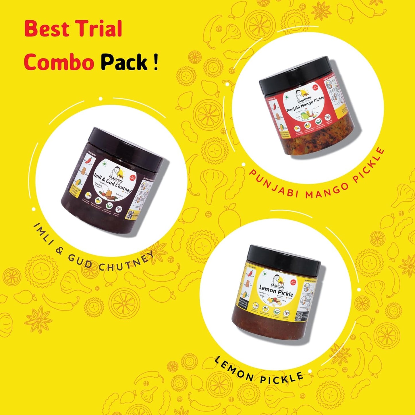 Farm Didi |Manjari Didi Best Trial Combo Pack Of 3X325G|Punjabi Mango Pickle + Lemon Pickle + Imli Chutney|Homemade|Natural|Preservative Free|Less Oil|Achar Combo
