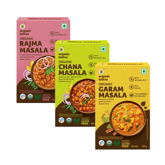 Organic Tattva, North-Indian Masala Combo (Rajma Masala, Chana Masala & Garam Masala) - 300 Gram | Rich in Flavour, Dry Roasted | Authentic and Aromatic Spice Blend