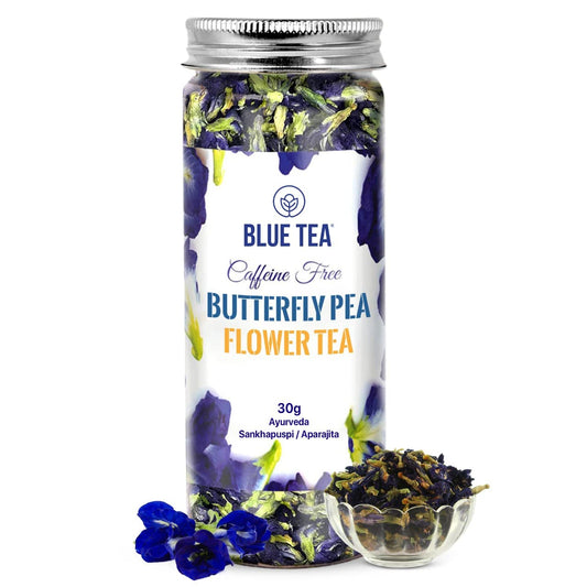 BLUE TEA - Butterfly Pea Flower Tea - 30gm - 60+ Cups | SUPER ANTIOXIDANT | Caffeine Free || Aparajita - Shankhpushpi || Flower Based - Herbal Tea - Non - GMO | Featured In Shark Tank | Reusable Pet Jar