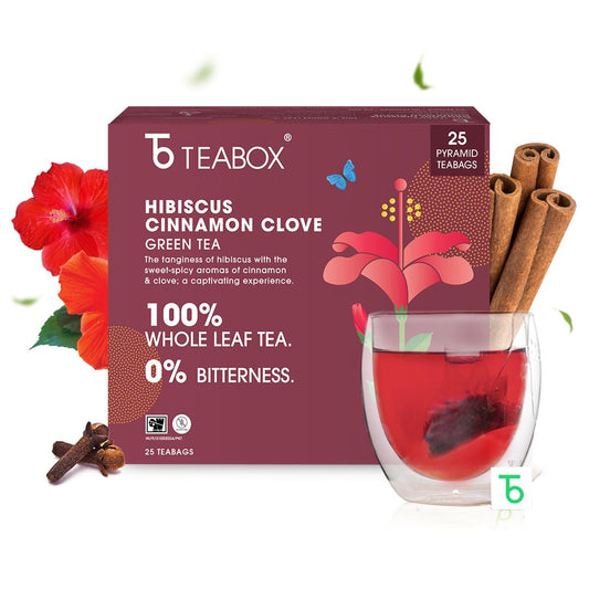 Teabox Hibiscus Cinnamon Clove Green Tea Bags 25 pcs | 100% Natural Hibiscus, Cinnamon & Clove