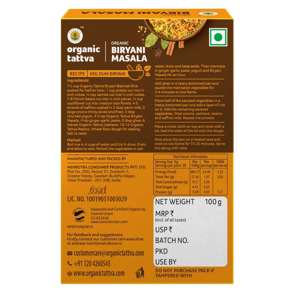 Organic Tattva, Organic Biryani Masala Powder 100 Gram | Rich in Flavour and No Artificial Additives