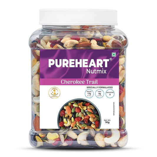 Pureheart Cherokee Premium Trail Mix | An Eclectic Mix of 8 Healthy Superfoods Nuts- Cashews, Almonds, Pistachio | Dry Fruits - Cranberries, Raisins | Seeds - Pumpkin, Sunflower | Reusable Jar (1000g)