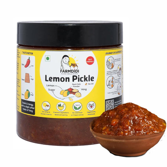 Farm Didi Khatta Meetha Crushed Lemon Pickle 325G|Homemade Nimbu Achar With No Onion Or Garlic|Traditional Indian Home Made Oil Free Nimbu Ka Aachar With Grandma's Taste|Lemon Chunda Sweet Pickle