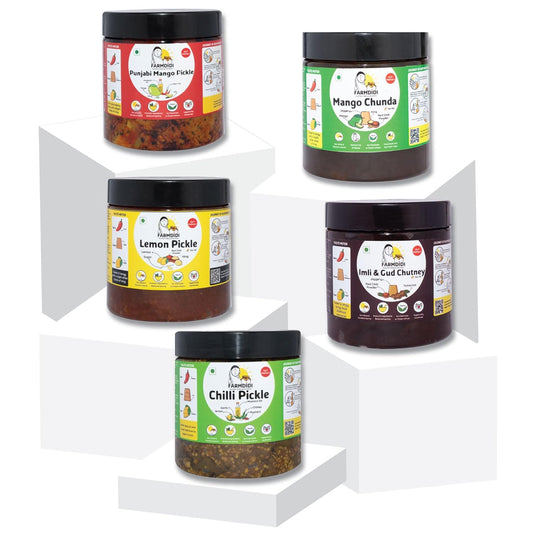 FarmDidi | Asmita Didi Khatta-Meetha Pack of 5 x 325g | Lemon Pickle + Chilli Pickle + Punjabi Mango pickle + Mango Chunda + Imli Chutney | Homemade | Preservative Free | Less Oil | Achar Combo | FarmDidi Best Combo