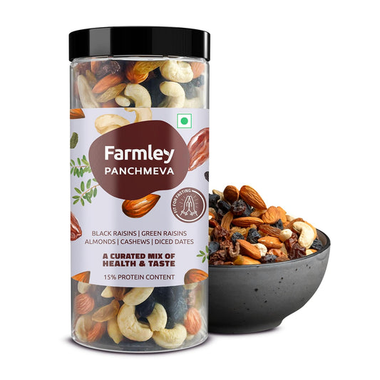 Farmley Panchmeva Healthy Dry Fruits Mix 405 g, Fit for Fasting I Healthy Snacks Mixed Nuts with Dry Fruits | Almonds | Cashews | Dates | Black raisin | Green raisin, Reusable Jar