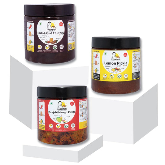 Farm Didi |Manjari Didi Best Trial Combo Pack Of 3X325G|Punjabi Mango Pickle + Lemon Pickle + Imli Chutney|Homemade|Natural|Preservative Free|Less Oil|Achar Combo