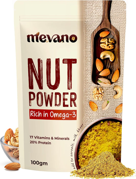 Mevano Nuts Powder for Kids, Rich in Omega-3, 100g | NO Added Sugar | Badam powder with Walnut, Cashew, Pista - Dry Fruits powder for Baby | 20% Protein, 17 Vitamins & Minerals