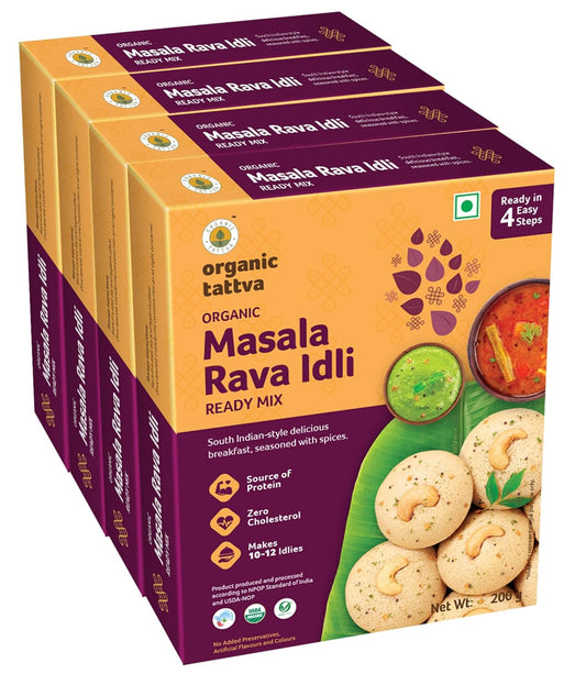 Organic Tattva Organic Masala Rava Idli/Idly Instant Ready Mix 800 Gram | Source of Protein, NO Cholesterol, NO Trans-Fat | Ready in 4 Easy Steps | 200 Gram Each